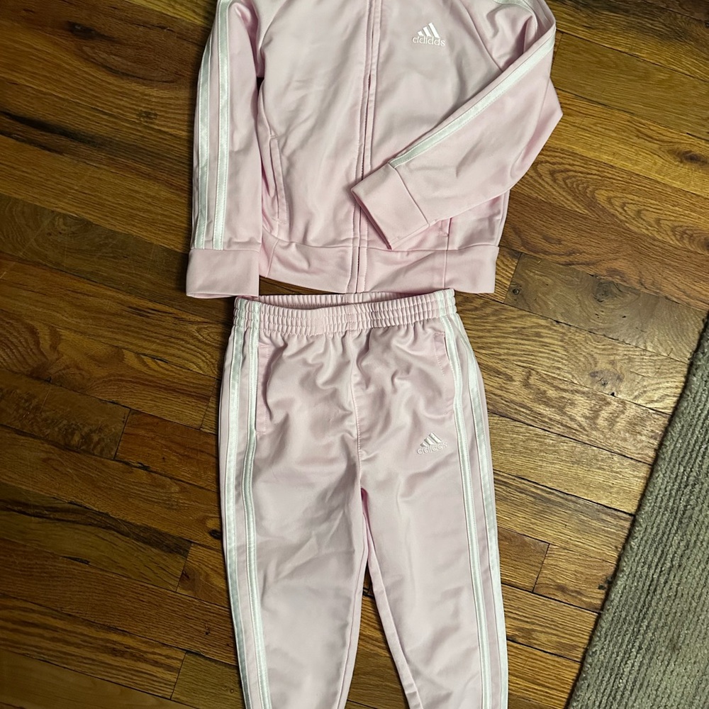 Adidas Pink Tracksuit with White Stripes and Cuffed Ankles